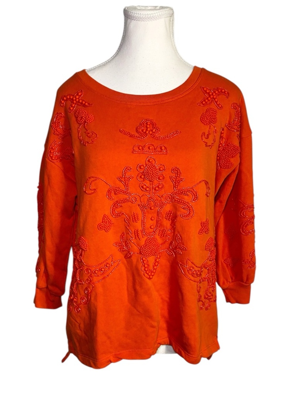 Akemi + Kin Size S Vibrant Orange Beaded Embroidered Sweatshirt Pullover Boho